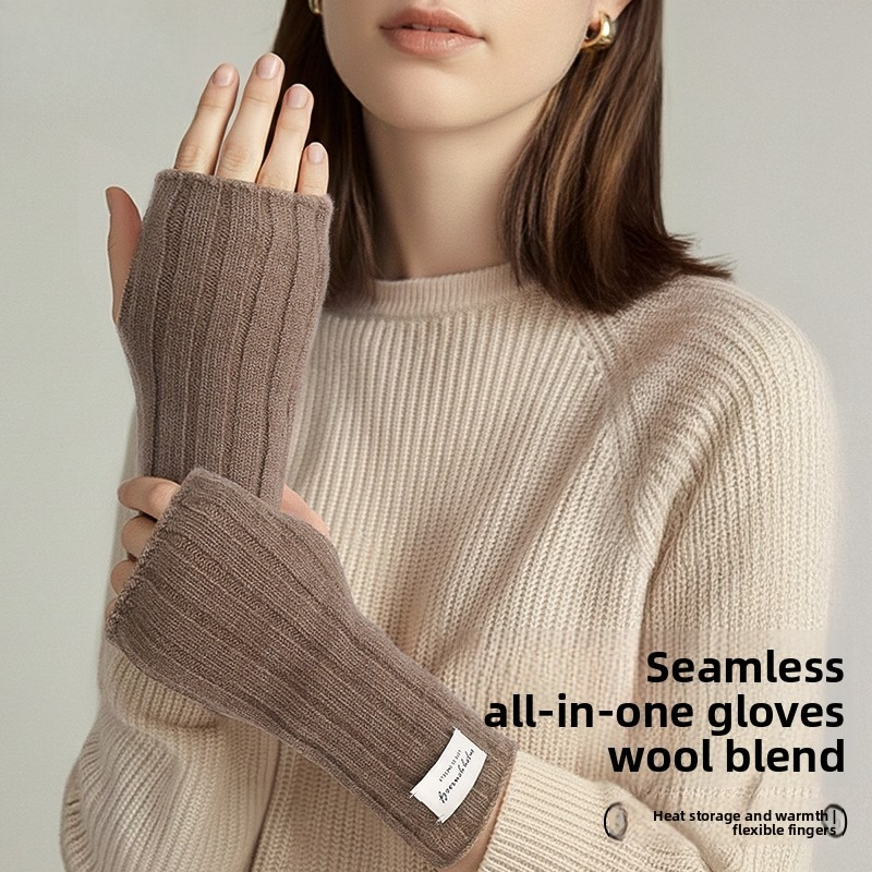 Wool Glove Lined - ถุงมือถักแบบไม่มีนิ้วสำหรับฤดูหนาว ถุงมือกันหนาวสำหรับผู้หญิง ใส่เล่นกีฬากลางแจ้ง ถุงมือผ้าขนสัตว์ผสมบุขนแกะ ให้ความอบอุ่นและป้องกันความหนาวเย็น