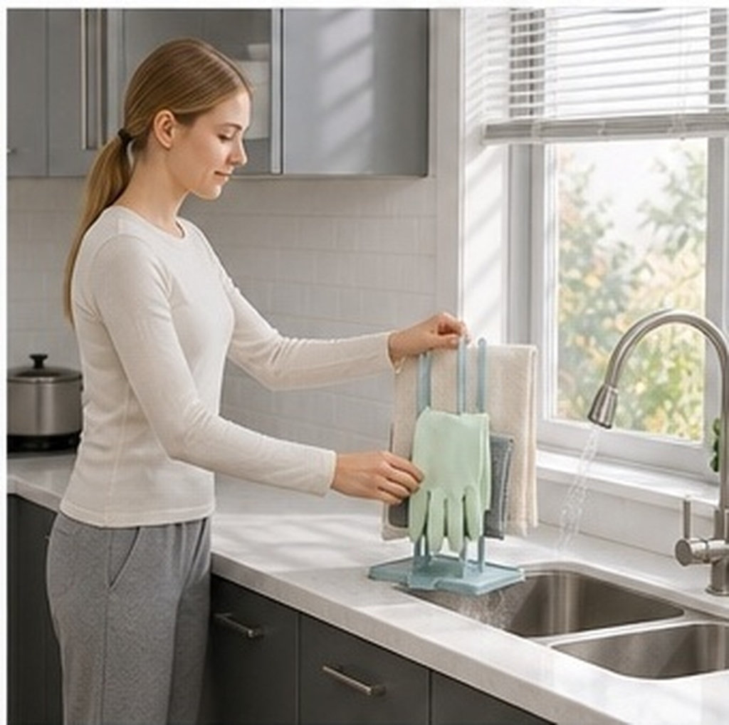Dish Glove Rubber - ชั้นวางอเนกประสงค์สำหรับครัว ที่แขวนถุงมือยางสีน้ำเงิน ชั้นวางผ้าเช็ดจาน ที่จัดระเบียบสำหรับวางข้างอ่างล้างจาน ใช้ในบ้าน